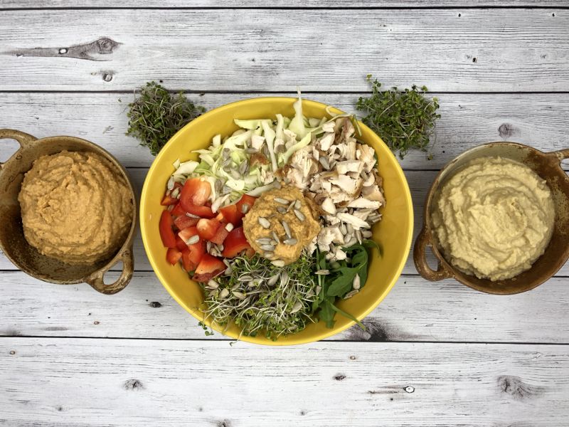 Arugula-cabbage-chicken salad with hummus