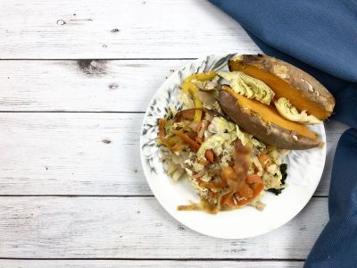 Savoy cabbage, carrot ribbon chicken with sweet potato